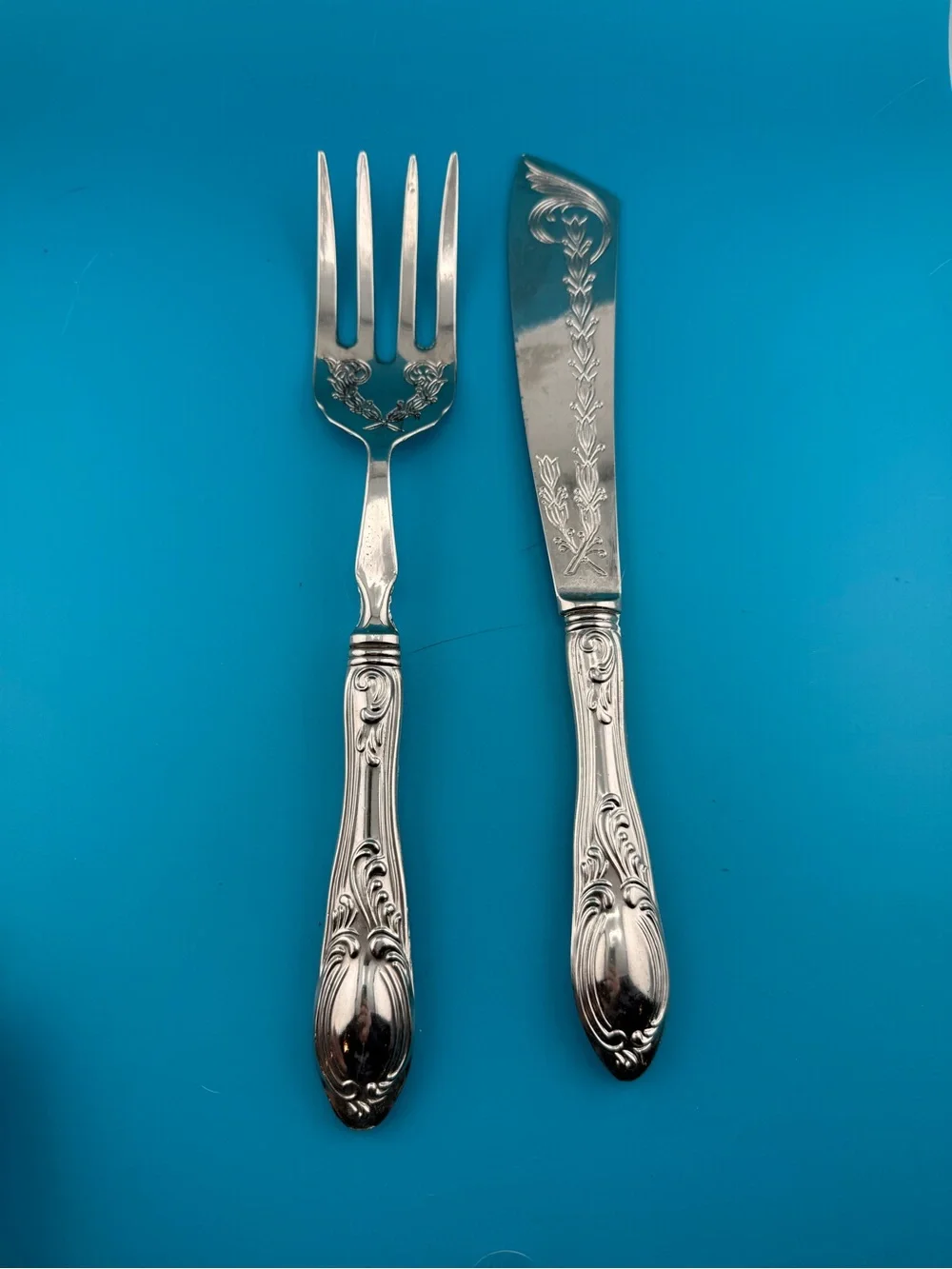 Antique 800 Silver Fish Serving Fork & Knife Set Ornate Floral 215g European